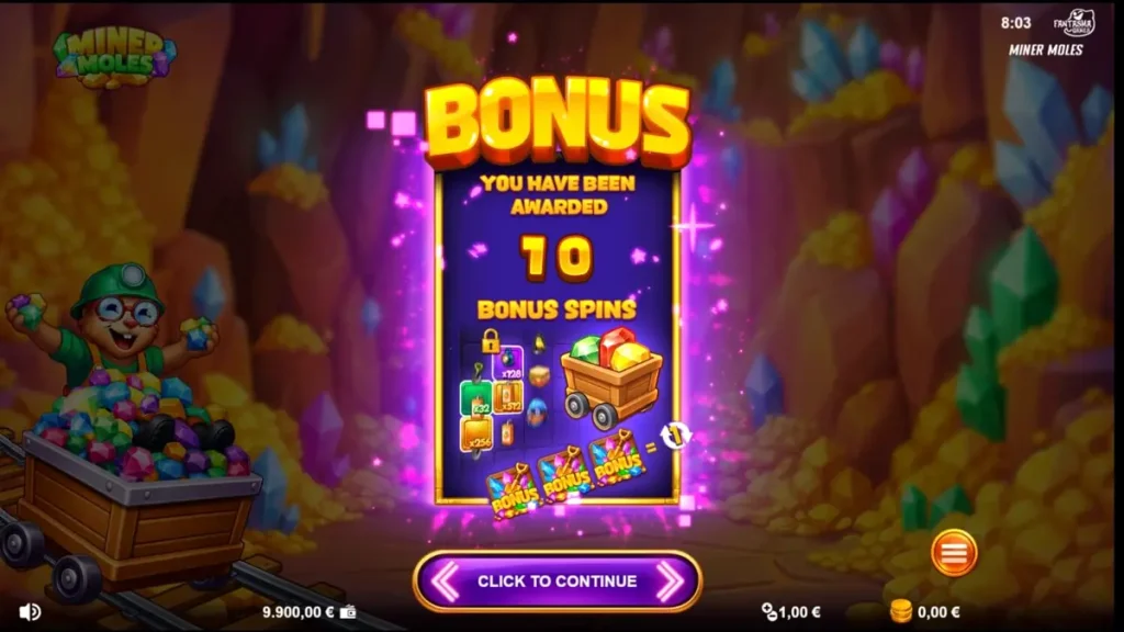 Tampilan visual slot Miner Moles dengan karakter mole yang ceria di dalam gua permata.