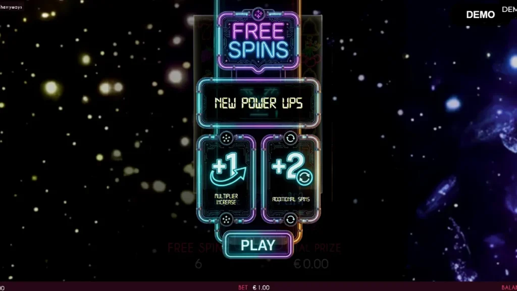 Tampilan visual neon futuristik dari slot Turbo Fortune Cherryways