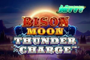 Pemandangan visual slot Bison Moon: Thunder Charge dengan latar belakang padang rumput dan badai petir