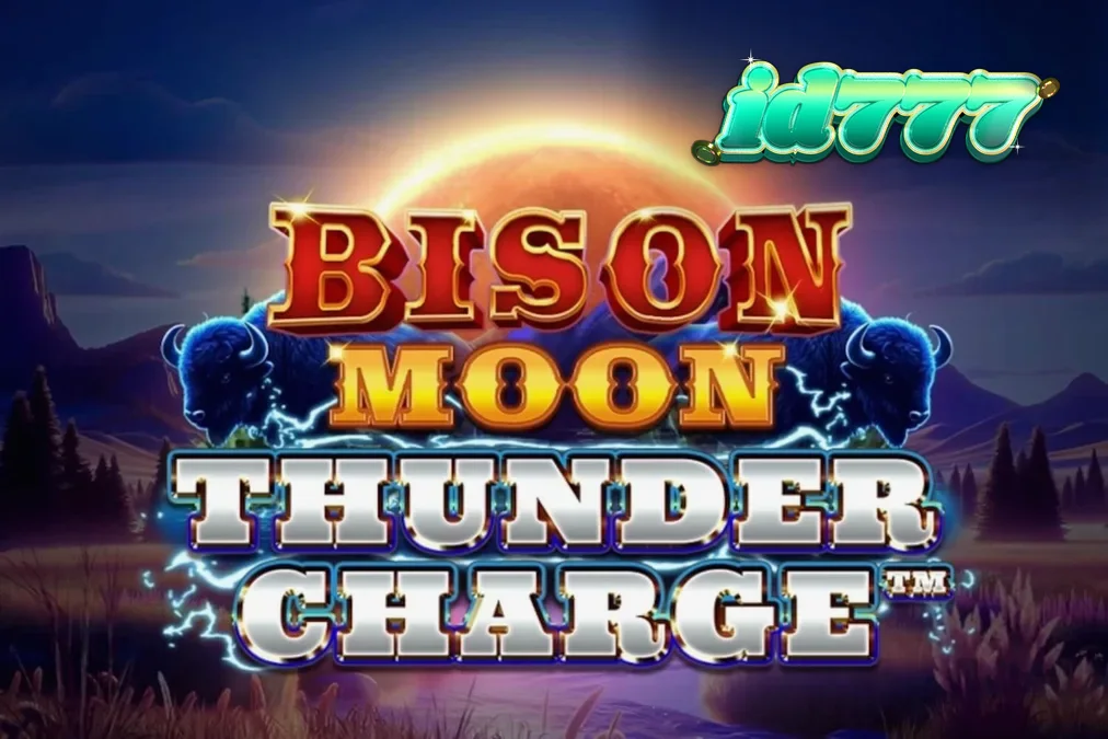 Pemandangan visual slot Bison Moon: Thunder Charge dengan latar belakang padang rumput dan badai petir